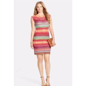 LAUREN RALPH LAUREN Rainbow Western Tribal Crochet Knit Dress Size M Knee Length